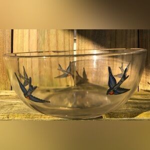 Diamond’s Bluebirds Vintage Glass Mixing Bowl with Hand Painted Design 8 1/4”W